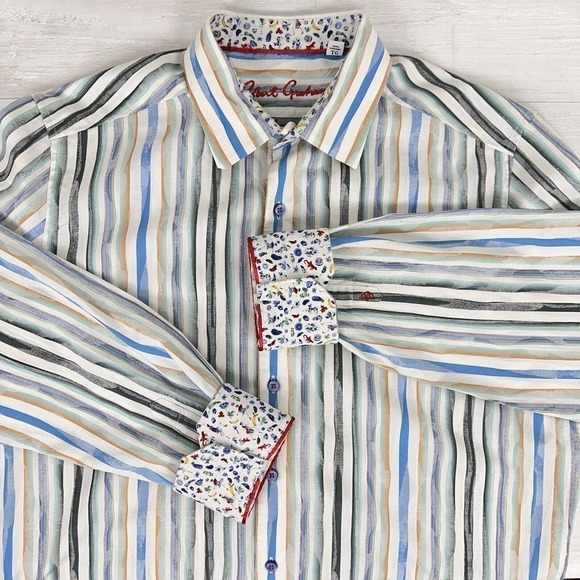 Robert Graham Mens Button Up Shirt XL Flip Cuff Striped Blue White Long Sleeves - Picture 15 of 15